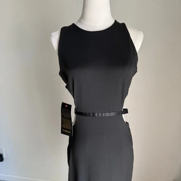 NWT Bebe Slinky Side Cut-Out Midi Dress Jet Black Sleeveless Evening Gown Medium - Picture 3 of 10